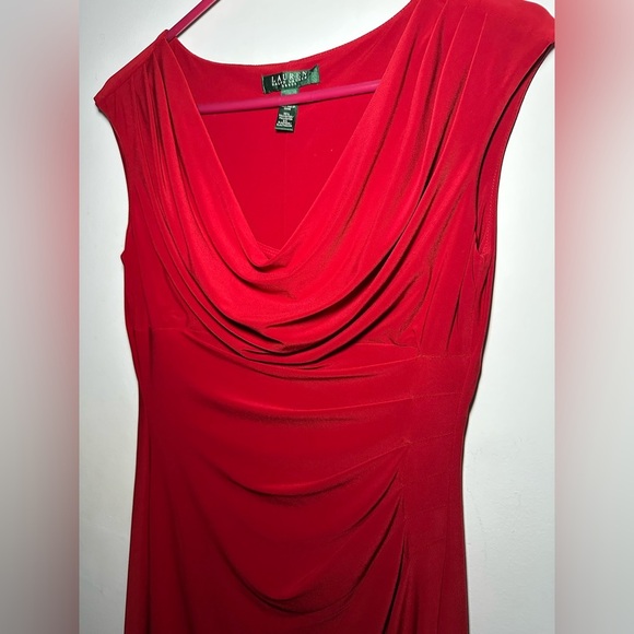 Ralph Lauren LRL Scarlet Red Cowl Neck Rusching Classy Knee Length Dress Size 6 - Picture 10 of 13